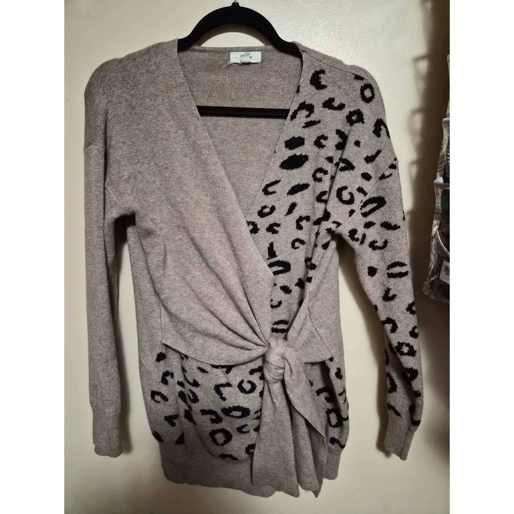 Entro Womens Leopard Print Wrap Front Tie Sweater Taupe Black Animal Knit Small